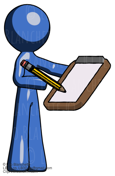 Blue Design Mascot Man Using Clipboard And Pencil #11462