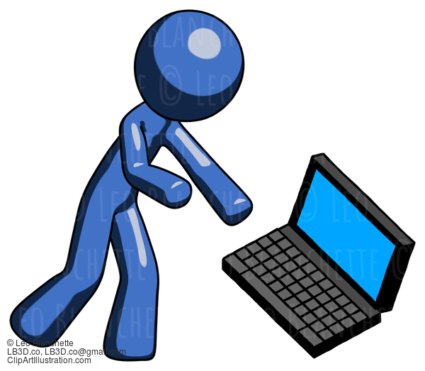 Blue Design Mascot Man Throwing Laptop Computer In Frustration #11464