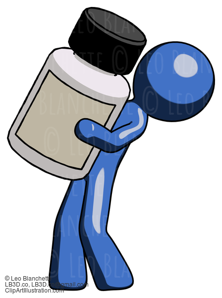 Blue Design Mascot Man Holding Large White Medicine Bottle #11466