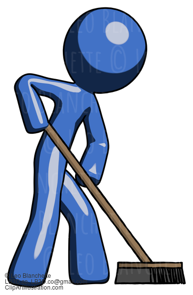 Blue Design Mascot Man Cleaning Services Janitor Sweeping Side View #11468