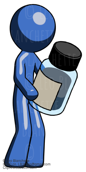 Blue Design Mascot Man Holding Glass Medicine Bottle #11469