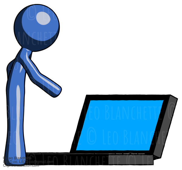 Blue Design Mascot Man Using Large Laptop Computer Side Orthographic View #11475