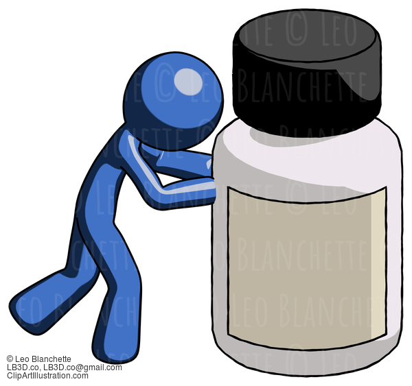 Blue Design Mascot Man Pushing Large Medicine Bottle #11477