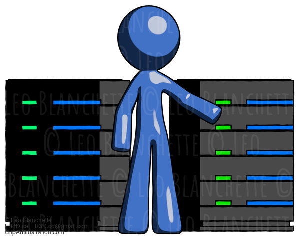 Blue Design Mascot Man With Server Racks, In Front Of Two Networked Systems #11479