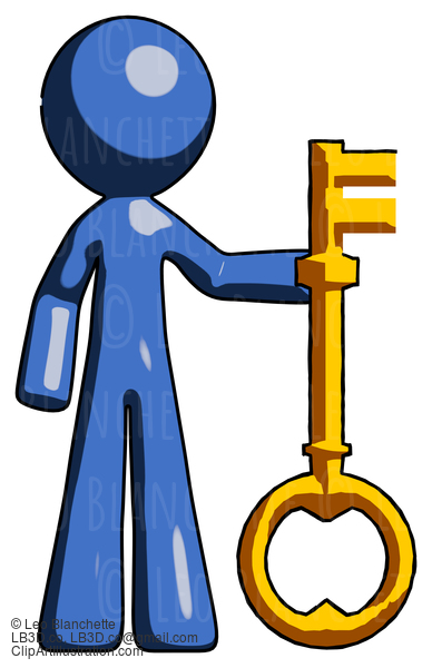 Blue Design Mascot Man Holding Key Made Of Gold #11484