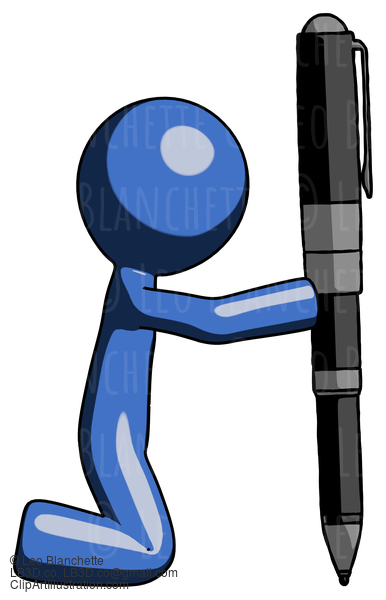 Blue Design Mascot Man Posing With Giant Pen In Powerful Yet Awkward Manner. #11486