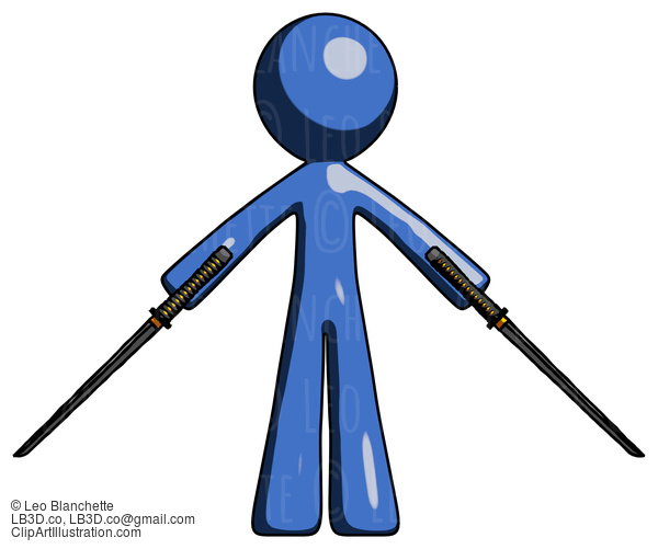 Blue Design Mascot Man Posing With Two Ninja Sword Katanas #11488