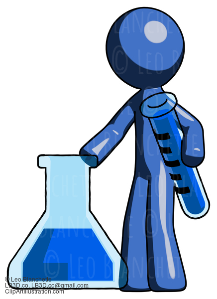 Blue Design Mascot Man Holding Test Tube Beside Beaker Or Flask #11490