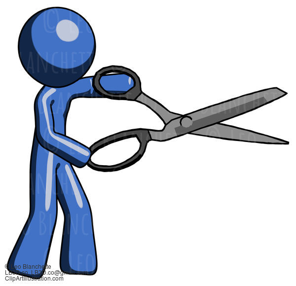 Blue Design Mascot Man Holding Giant Scissors Cutting Out Something #11492