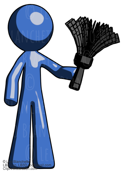 Blue Design Mascot Man Holding Feather Duster Facing Forward #11493