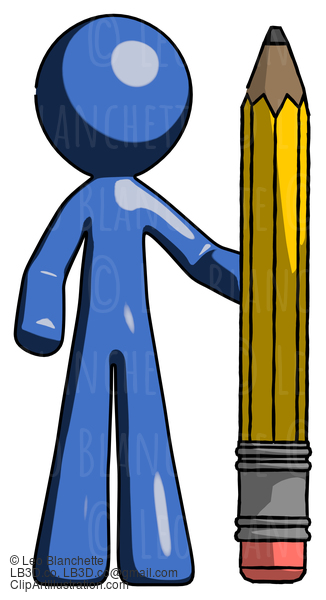 Blue Design Mascot Man With Large Pencil Standing Ready To Write #11496