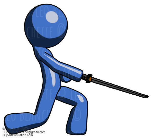 Blue Design Mascot Man With Ninja Sword Katana Slicing Or Striking Something #11502