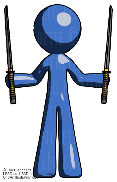 Blue Design Mascot Man Posing With Two Ninja Sword Katanas Up #11510