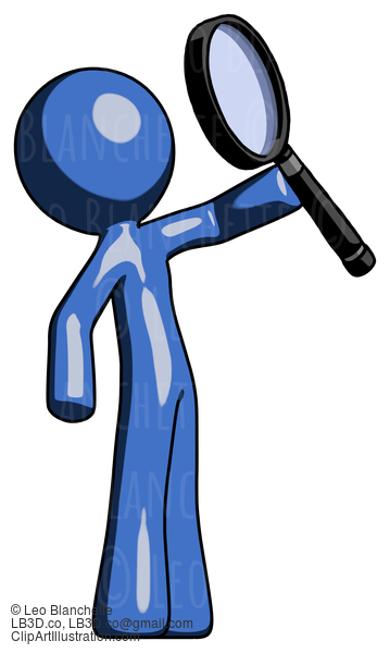 Blue Design Mascot Man Inspecting With Large Magnifying Glass Facing Up #11513