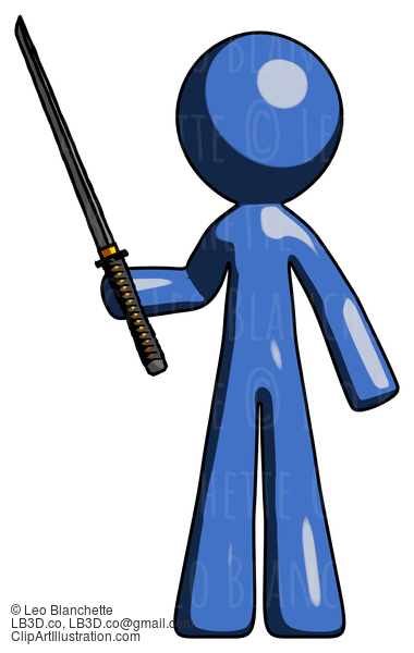 Blue Design Mascot Man Standing Up With Ninja Sword Katana #11517