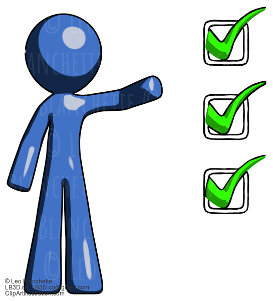 Blue Design Mascot Man Standing By List Of Checkmarks #11518