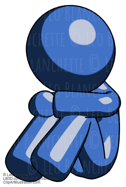 Blue Design Mascot Man Sitting With Head Down Facing Angle Left #11522