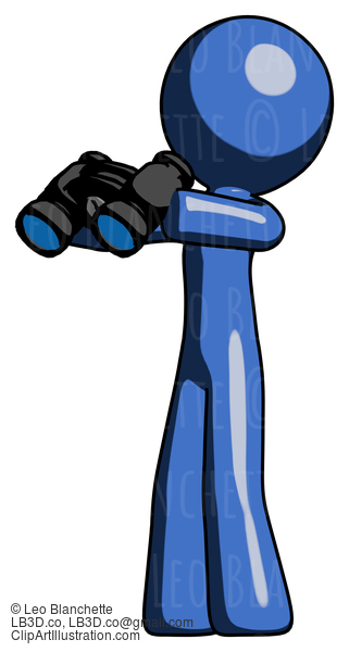 Blue Design Mascot Man Holding Binoculars Ready To Look Left #11525