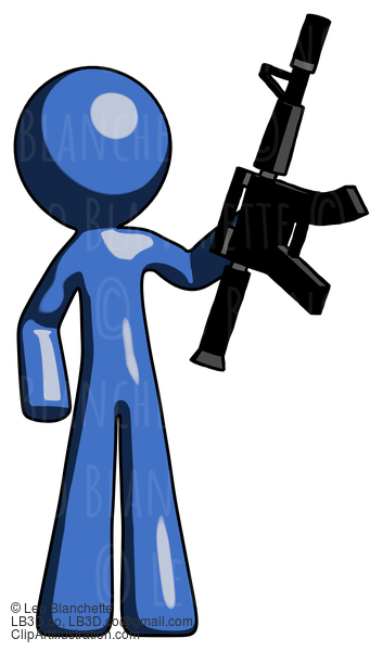 Blue Design Mascot Man Holding Automatic Gun #11529