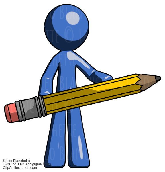 Blue Design Mascot Man Writer Or Blogger Holding Large Pencil #11530