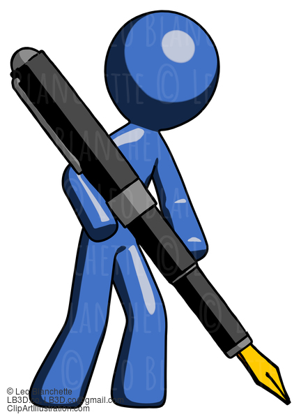 Blue Design Mascot Man Drawing Or Writing With Large Calligraphy Pen #11531