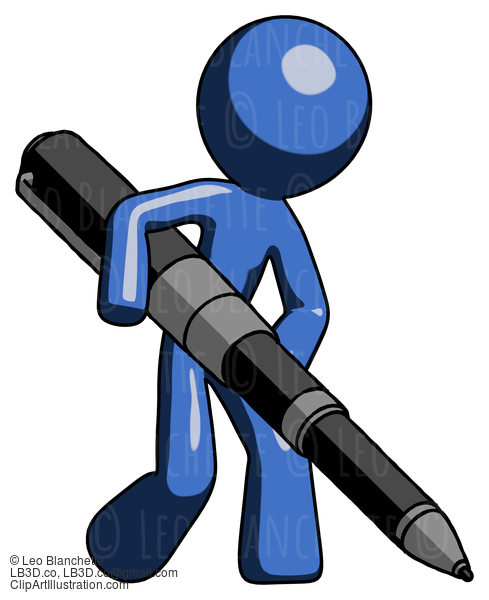 Blue Design Mascot Man Writing With A Really Big Pen #11533