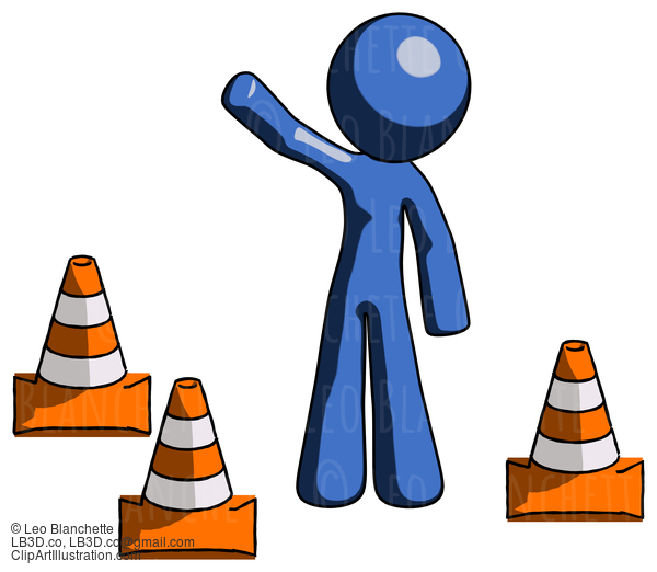 Blue Design Mascot Man Standing By Traffic Cones Waving #11539