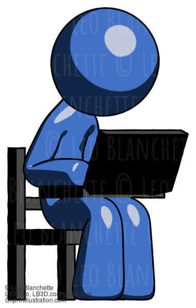 Blue Design Mascot Man Using Laptop Computer While Sitting In Chair Angled Right #11541