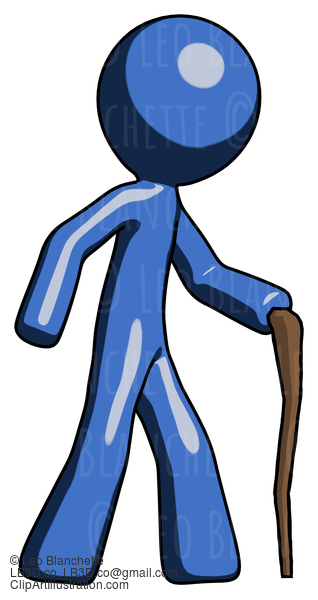 Blue Design Mascot Man Walking With Hiking Stick #11543