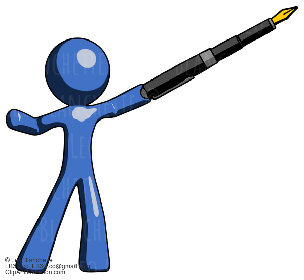 Blue Design Mascot Man Pen Is Mightier Than The Sword Calligraphy Pose #11545