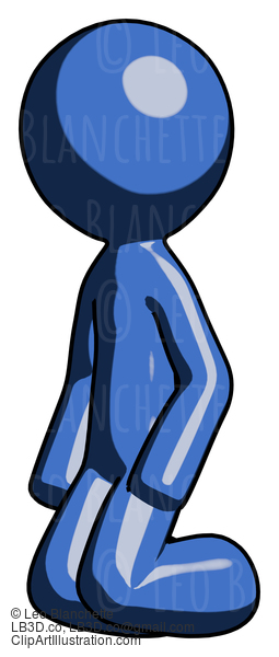 Blue Design Mascot Man Kneeling Angle View Left #11546