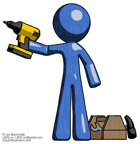 Blue Design Mascot Man Holding Drill Ready To Work, Toolchest And Tools To Right #11550