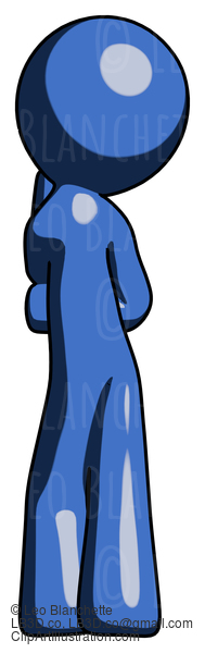 Blue Design Mascot Man Thinking, Wondering, Or Pondering Rear View #11553