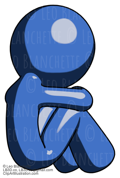 Blue Design Mascot Man Sitting With Head Down Back View Facing Right #11554