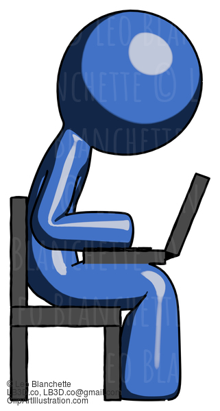 Blue Design Mascot Man Using Laptop Computer While Sitting In Chair View From Side #11556