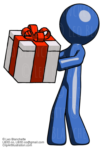 Blue Design Mascot Man Presenting A Present With Large Red Bow On It #11557