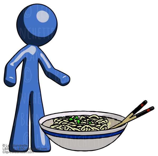 Blue Design Mascot Man And Noodle Bowl, Giant Soup Restaraunt Concept #11558