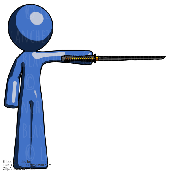 Blue Design Mascot Man Standing With Ninja Sword Katana Pointing Right #11560