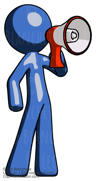 Blue Design Mascot Man Shouting Into Megaphone Bullhorn Facing Right #11565