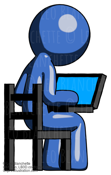 Blue Design Mascot Man Using Laptop Computer While Sitting In Chair View From Back #11568