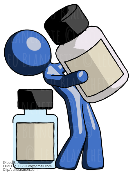 Blue Design Mascot Man Holding Large White Medicine Bottle With Bottle In Background #11572