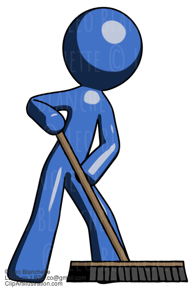 Blue Design Mascot Man Cleaning Services Janitor Sweeping Floor With Push Broom #11575