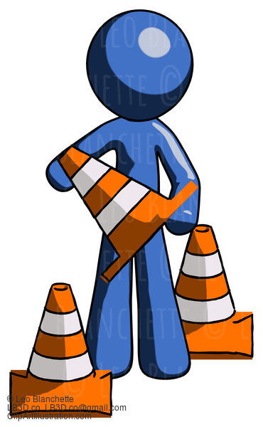 Blue Design Mascot Man Holding A Traffic Cone #11576