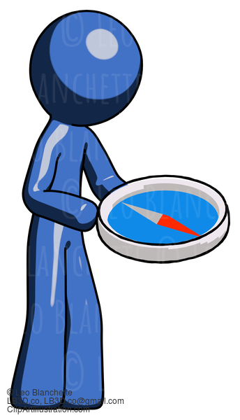 Blue Design Mascot Man Looking At Large Compass Facing Right #11578