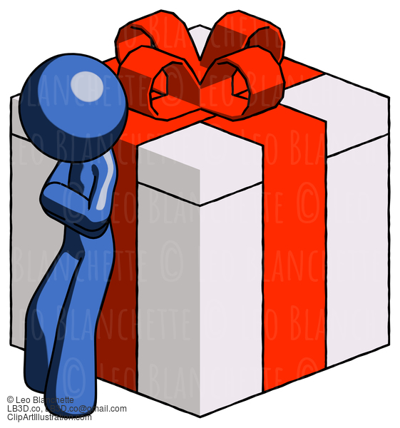 Blue Design Mascot Man Leaning On Gift With Red Bow Angle View #11579