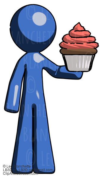 Blue Design Mascot Man Presenting Pink Cupcake To Viewer #11581