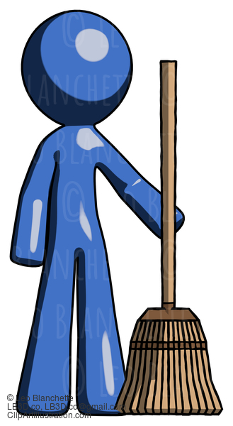 Blue Design Mascot Man Standing With Broom Cleaning Services #11585