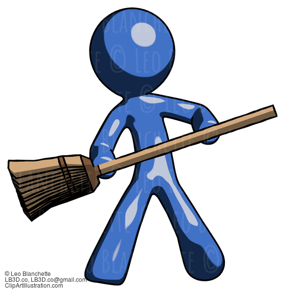 Blue Design Mascot Man Broom Fighter Defense Pose #11586