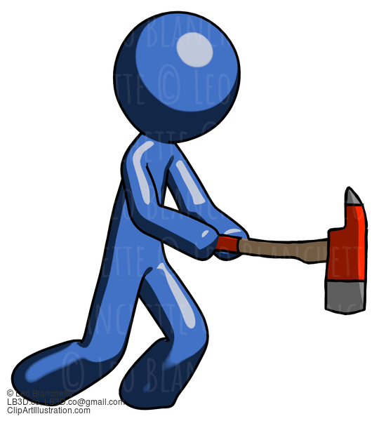 Blue Design Mascot Man With Ax Hitting, Striking, Or Chopping #11597