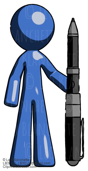 Blue Design Mascot Man Holding Large Pen #11601